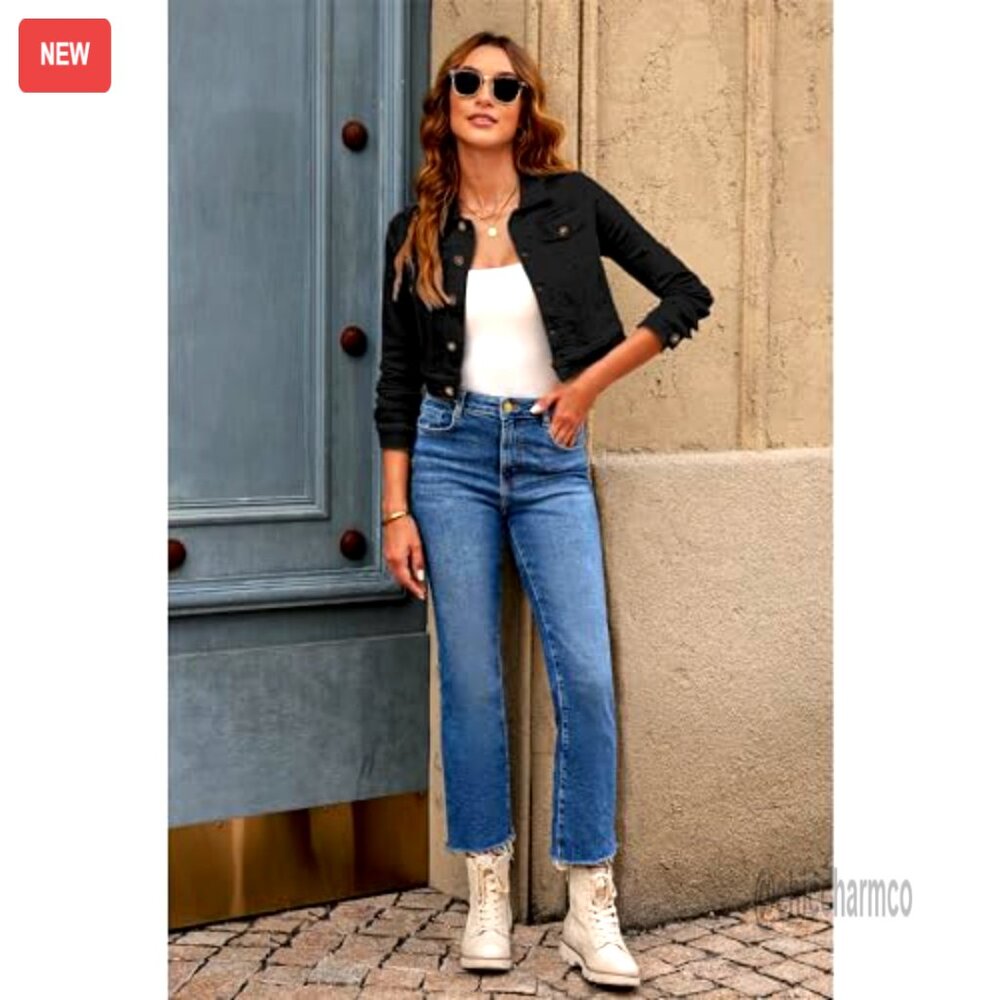 Cropped Denim Jacket Lightweight Stretchy Fitted … - image 6